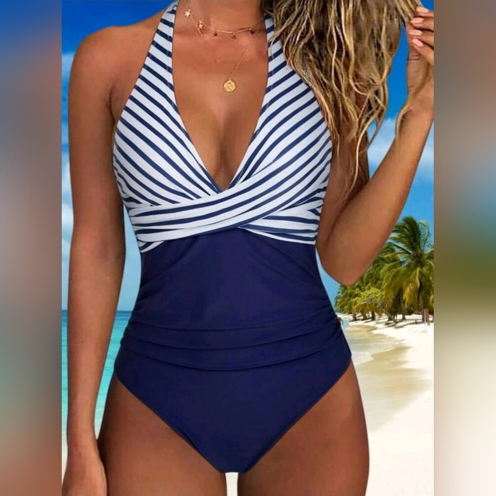 Amazon Essentials Navy and White Striped One Piece Swimsuit